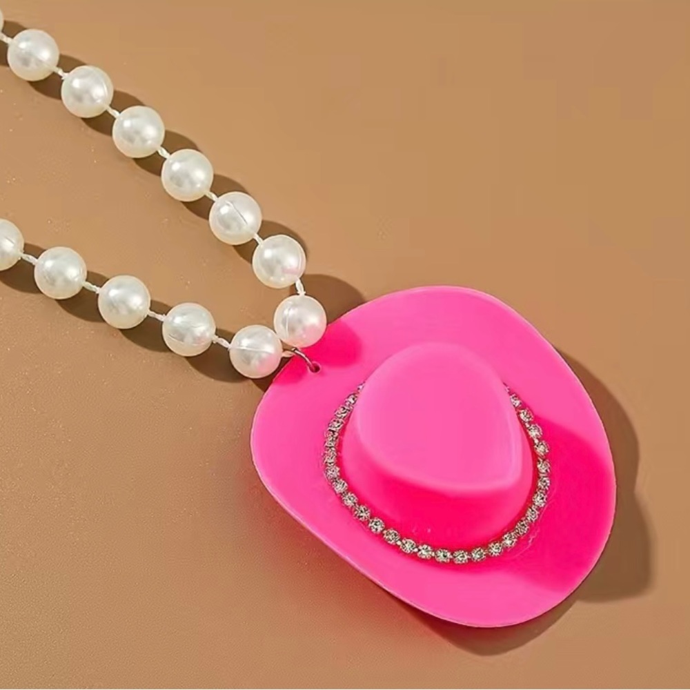 Stylish Pink Hat Pendant Necklace with Faux Pearls - Perfect for Women and Girls